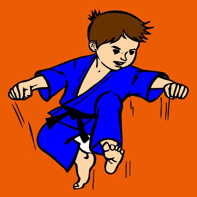 Blauer Anzug Karatekind oder Judokind mit schwarzem Gürtel