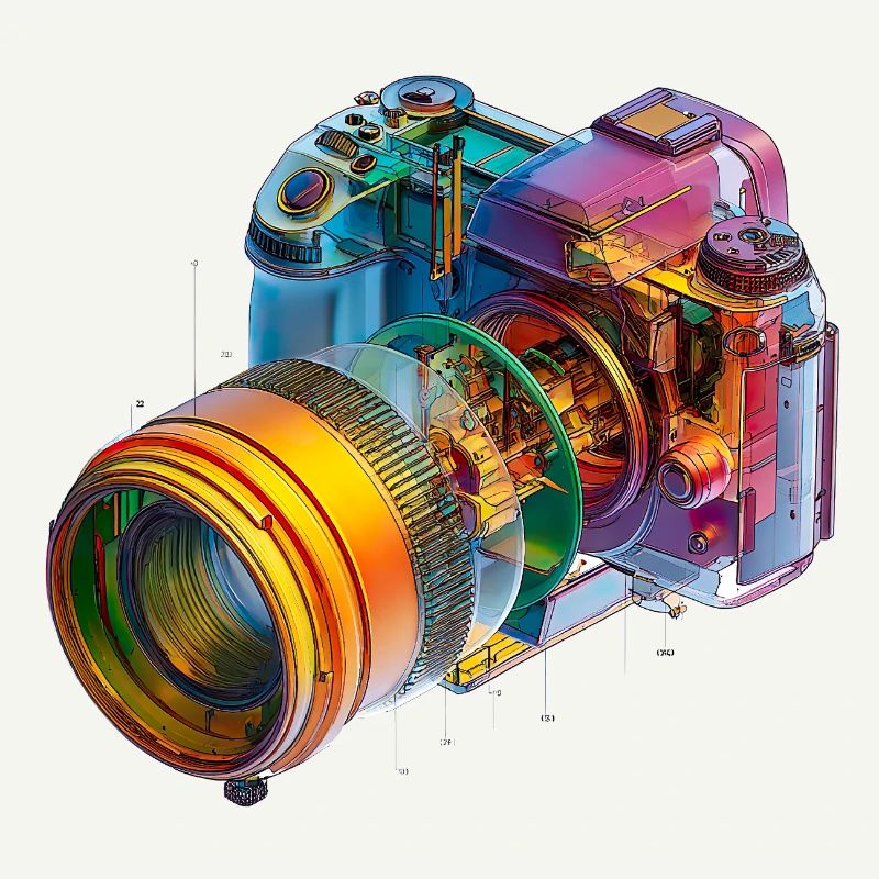 Rainbow camera as CAD design in color explosion