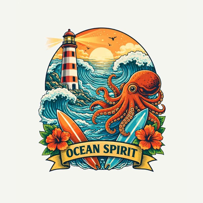 Ocean: Lighthouse, Waves and Octopus