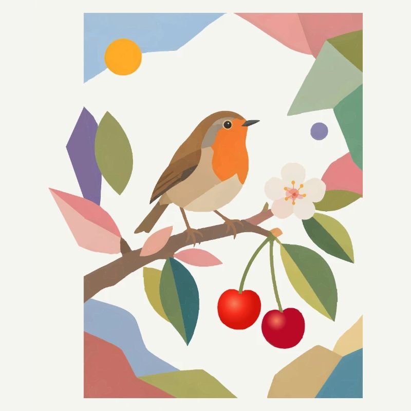 Robin Bird on Branch Cherry Design