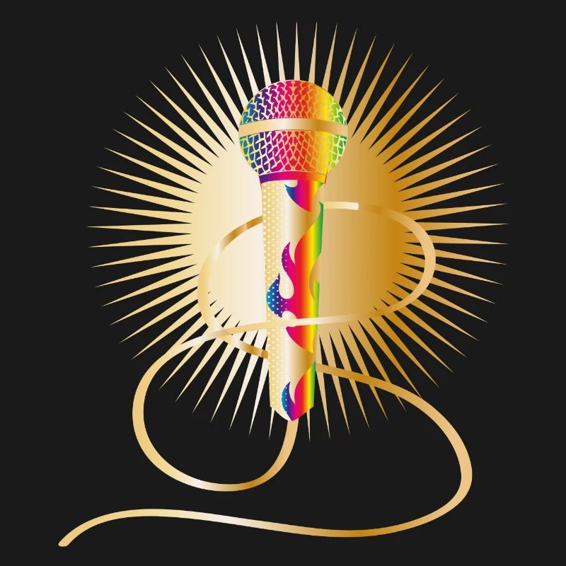 microphone doré avec éléments arc-en-ciel