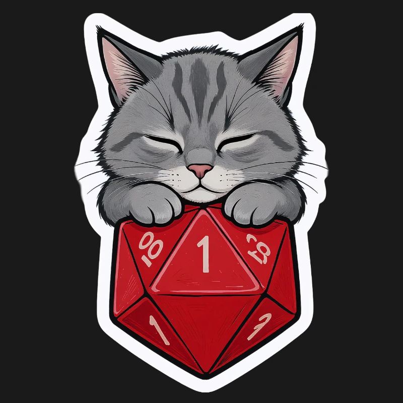 Bébé chat endormi sur D20 Cube – Dessin animé