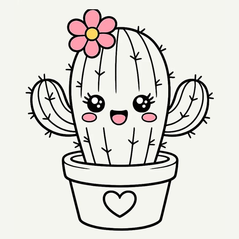 Cactus Kawaii avec fleur – Cactus de dessin animé mignon et mignon