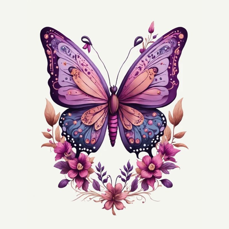 Papillon violet avec des fleurs