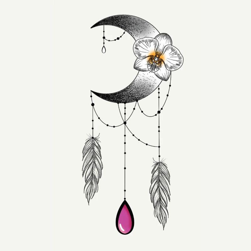Lune orchidée plume et perle type attrape rêve 