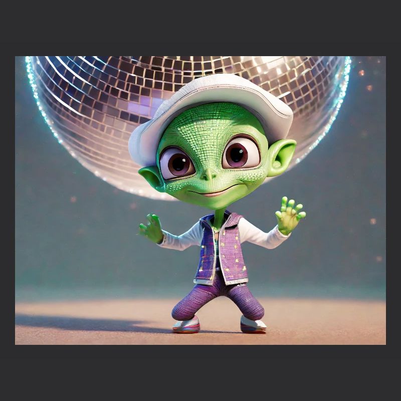 alien is dancing at a party under a disco ball