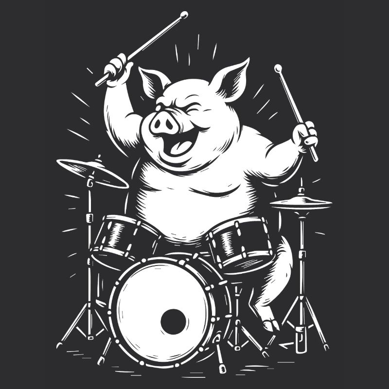 Funny Pig plays the drums