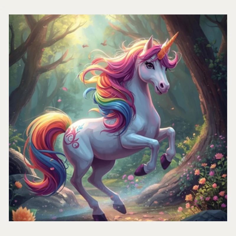 Zauberhafter Regenbogen-Einhorn im Wald