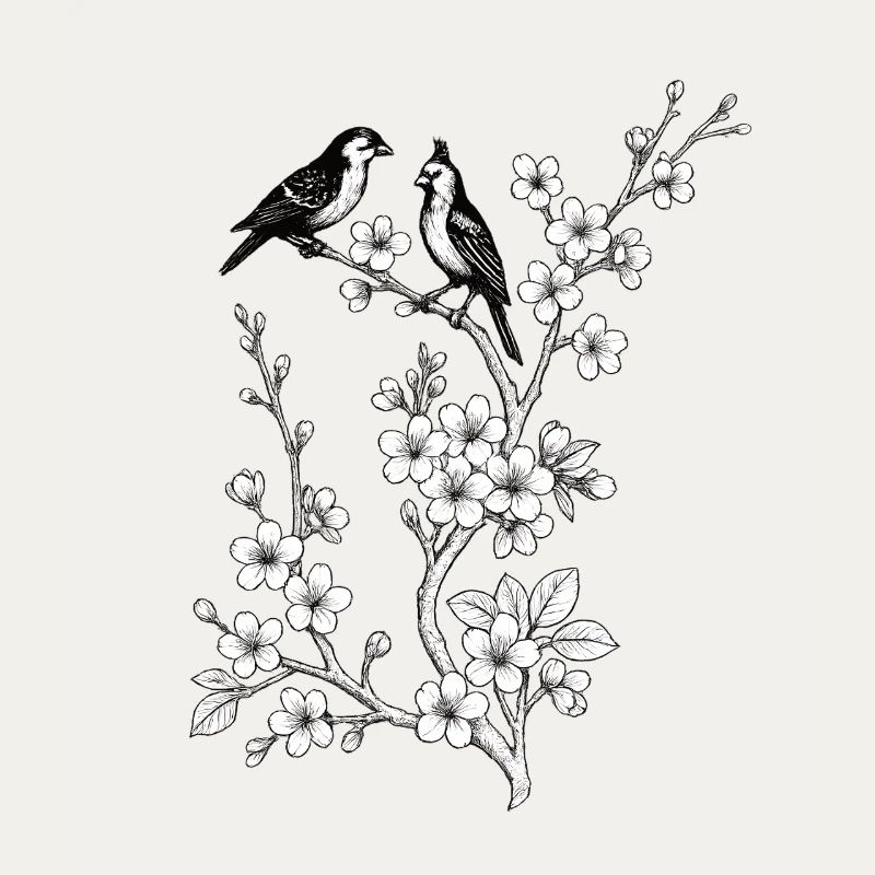 Birds on cherry branch