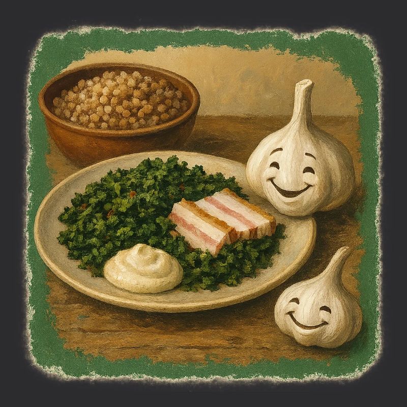 Smiling garlic with kale