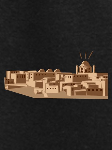 Desert city with mosque