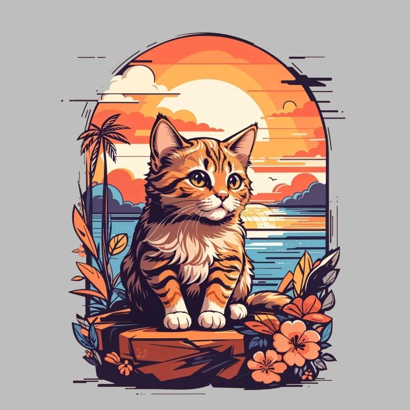 Coucher de soleil rétro plage, coucher de soleil chat au bord de la mer