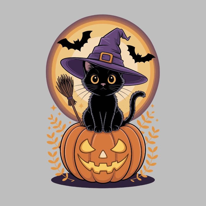 Witch cat with pumpkin view