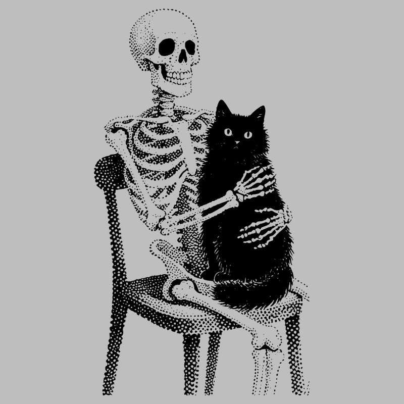 Skeleton with cat on lap