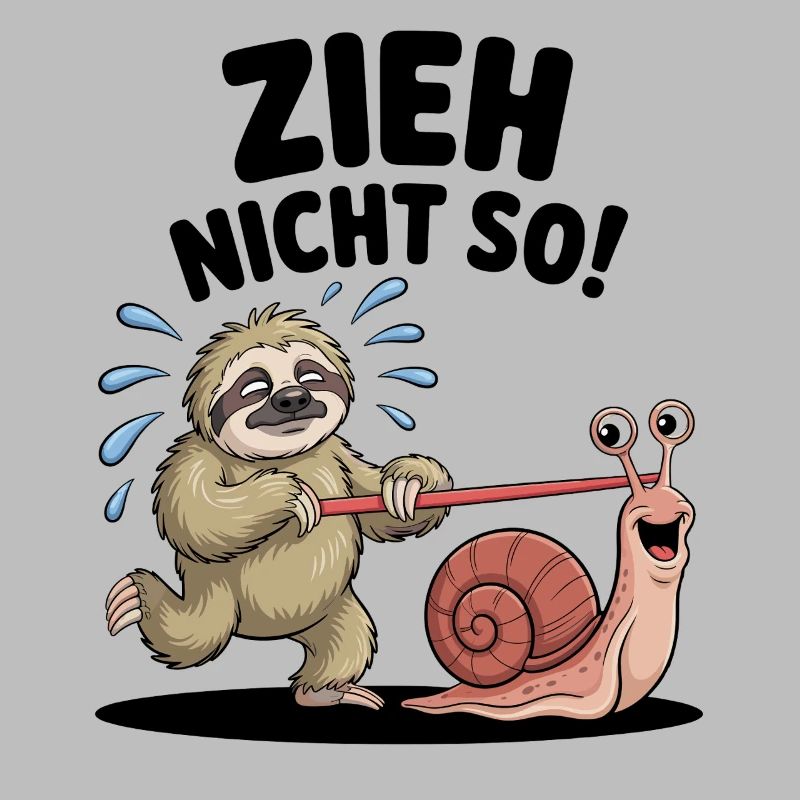 Sloth pulling snail, funny cartoon