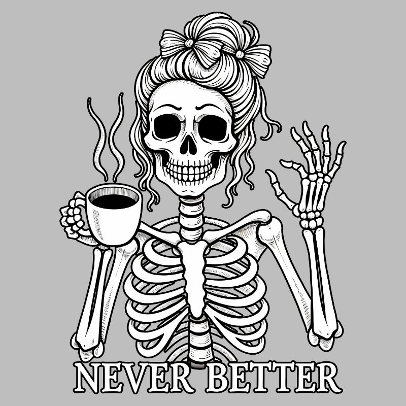 Funny skeleton drinking coffee