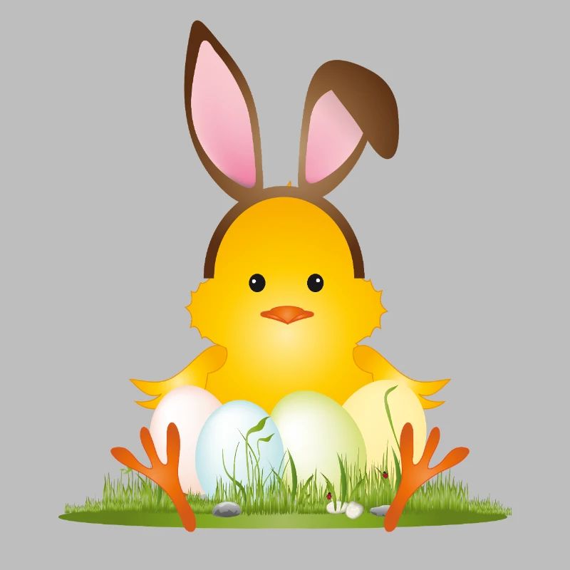 Cute Easter chick with bunny ears & Easter eggs