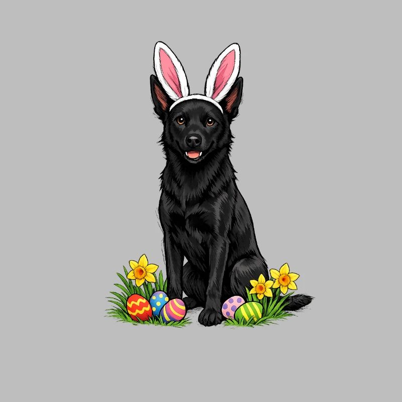 Easter dog with bunny ears and Easter eggs