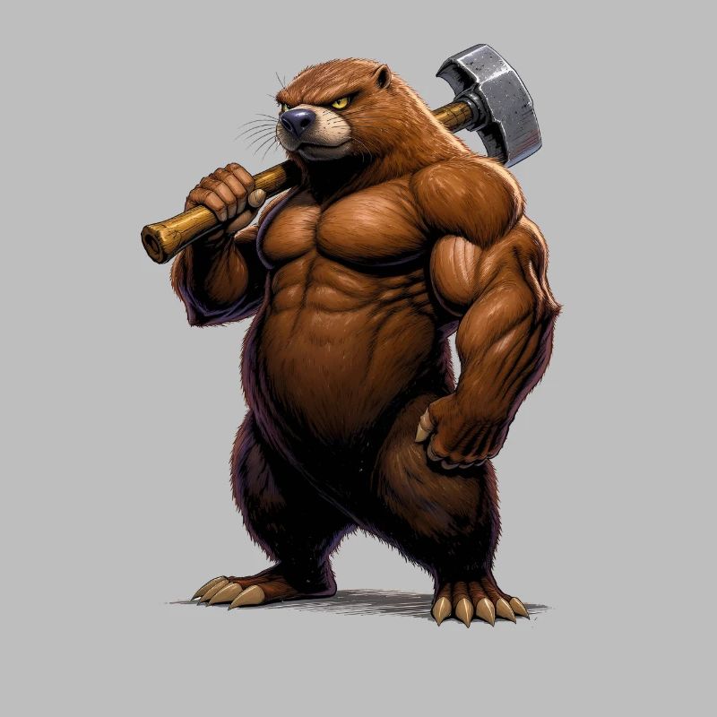 Muscular comic mole with hammer