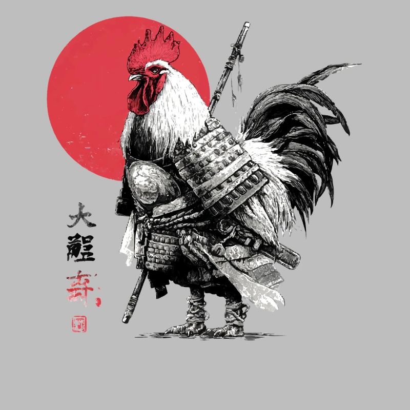 Samurai Rooster in Armor Under Red Sun