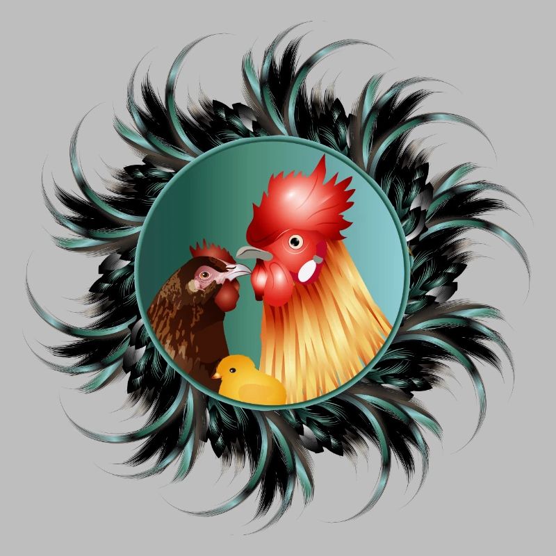 Rooster with hen and chicks in feather frame