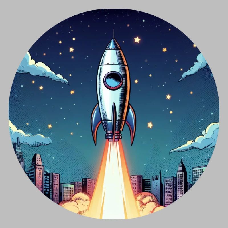 Lancement d’une fusée dans l’espace devant le ciel nocturne dans un style comique