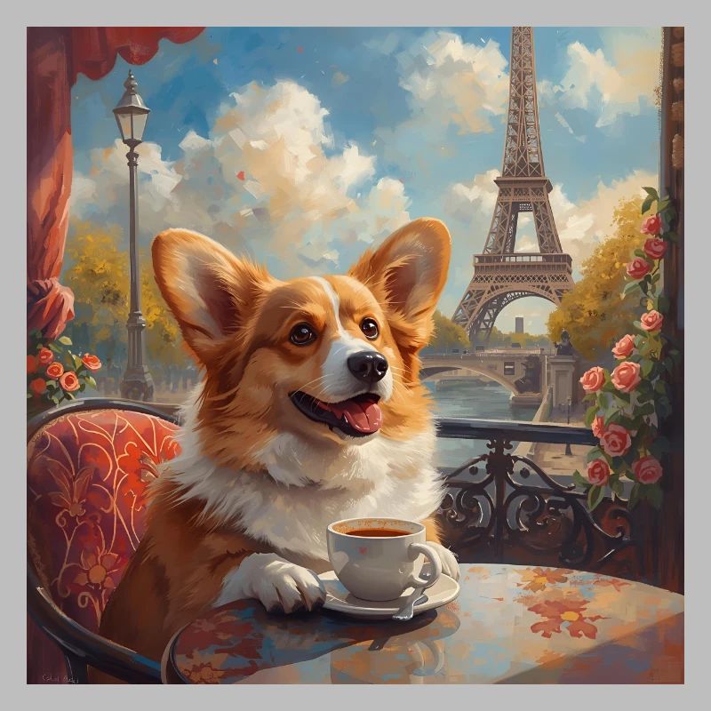 Corgi buvant du café devant la Tour Eiffel à Paris