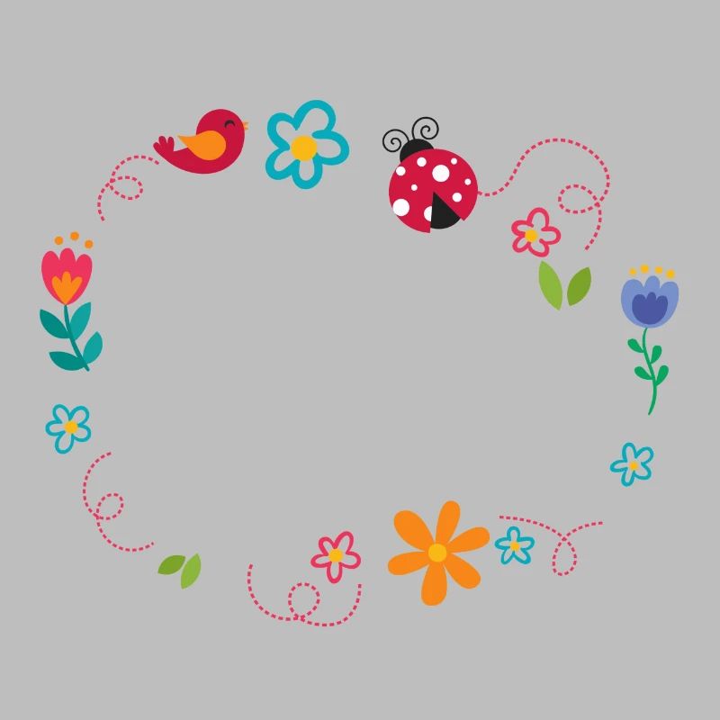 Round frame with flowers, ladybug and bird