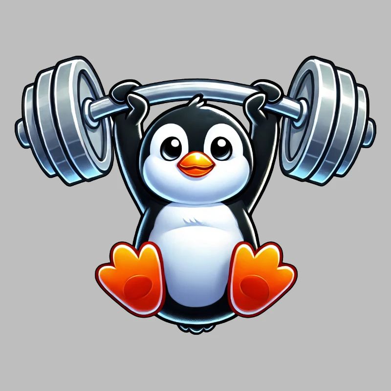 Cute cartoon penguin with dumbbell pull-up head