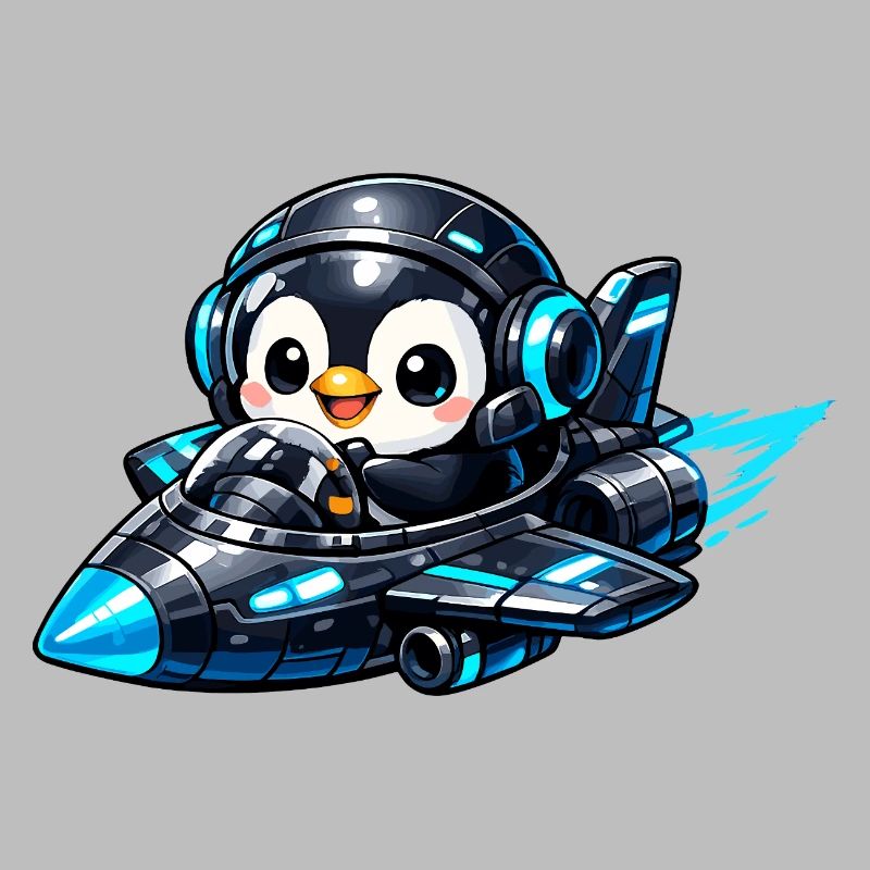 Neon penguin pilot in rocket jet