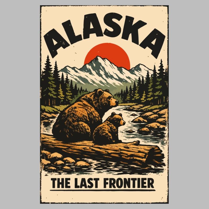 Alaska Frontier Bear Scenery Retro