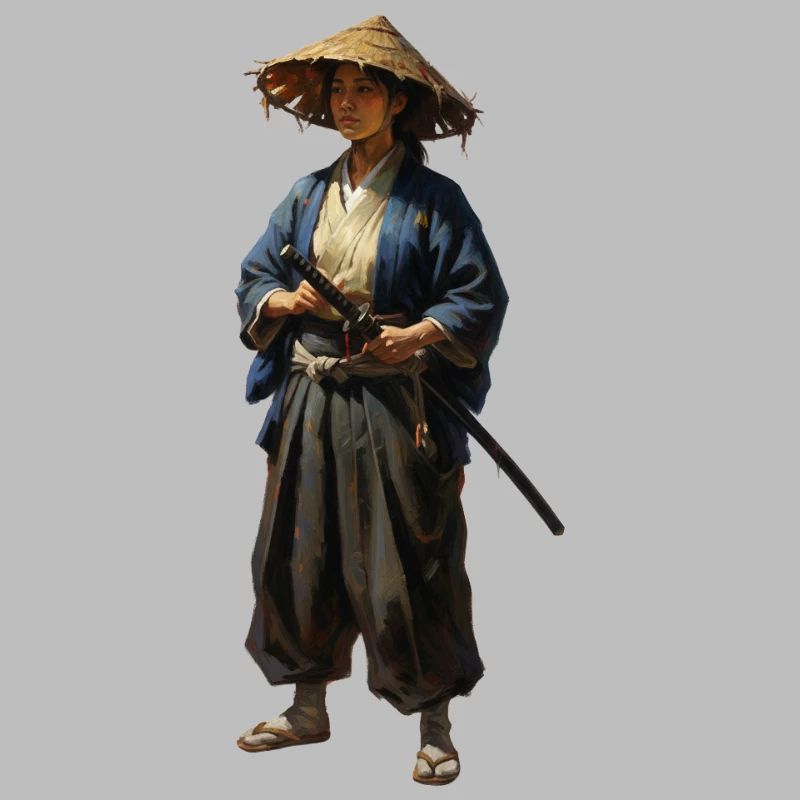 samurai warrior with straw hat realistic