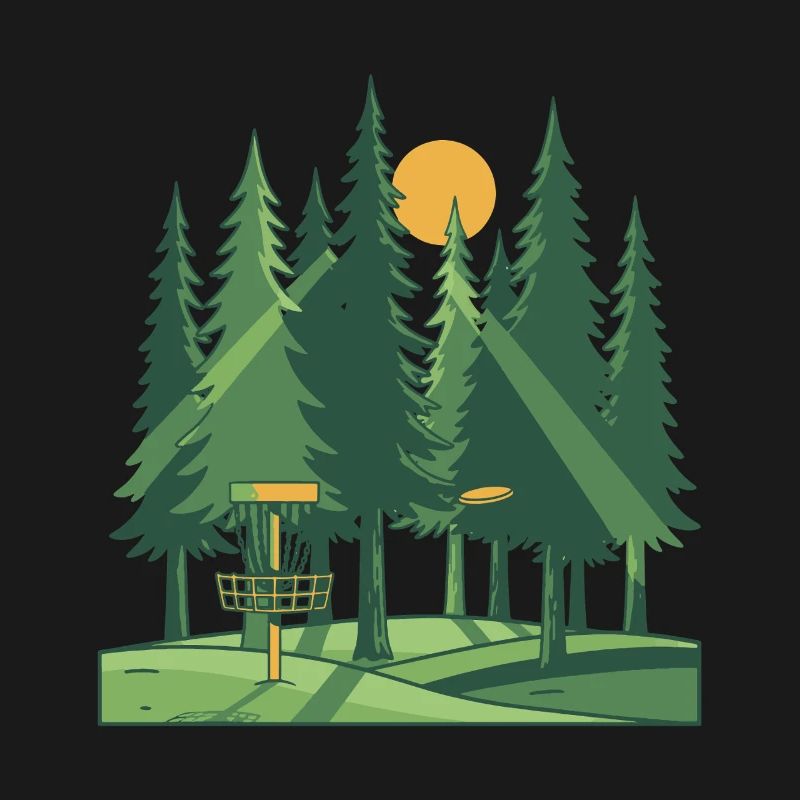 Disc Golf Forest Sunset Flying Disc Basket Scene