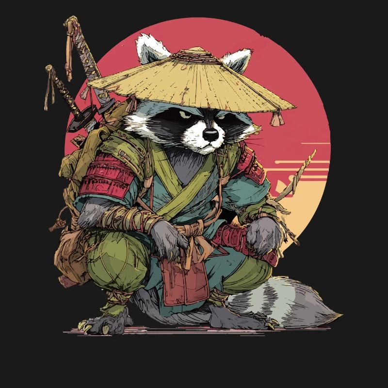Waschbär-Samurai mit Strohhut