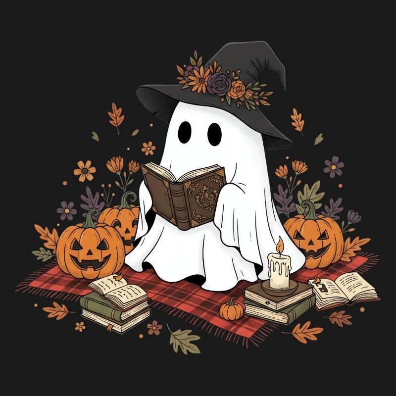 Witch Witch with Pumpkins and Magic Book