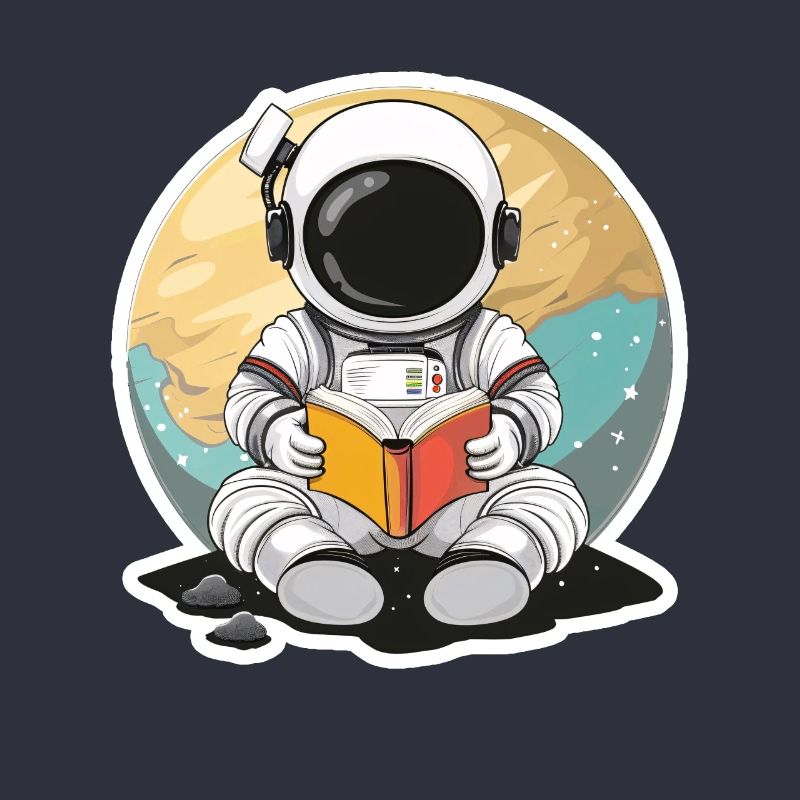 Astronaute dans l’espace devant une planète lisant un livre