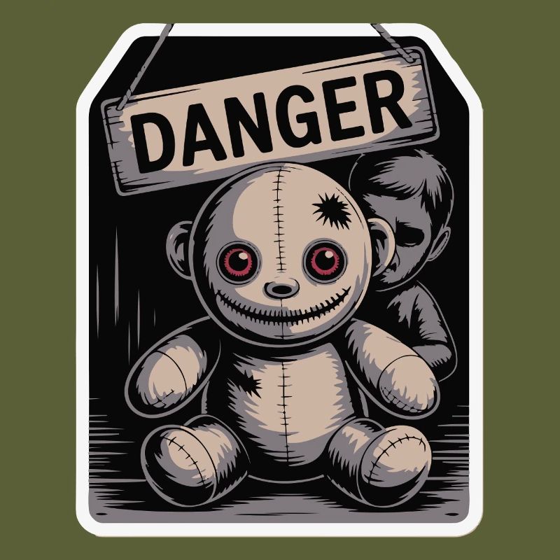 Poupée étrange avec un panneau de danger