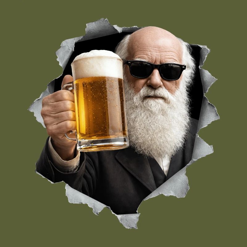 Charles Darwin holds a beer