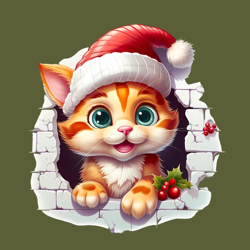 Chat avec chapeau de père Noël dans le trou dans le mur