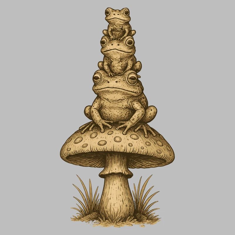 Frosch-Totem auf Pilzstapel