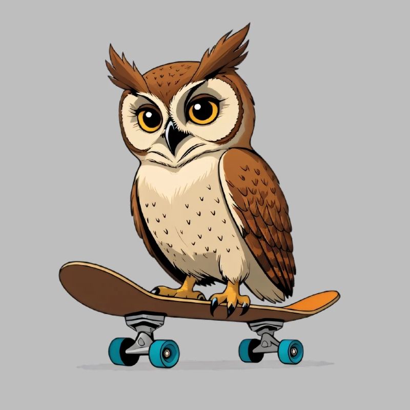 Eule auf Skateboard im Comic-Stil