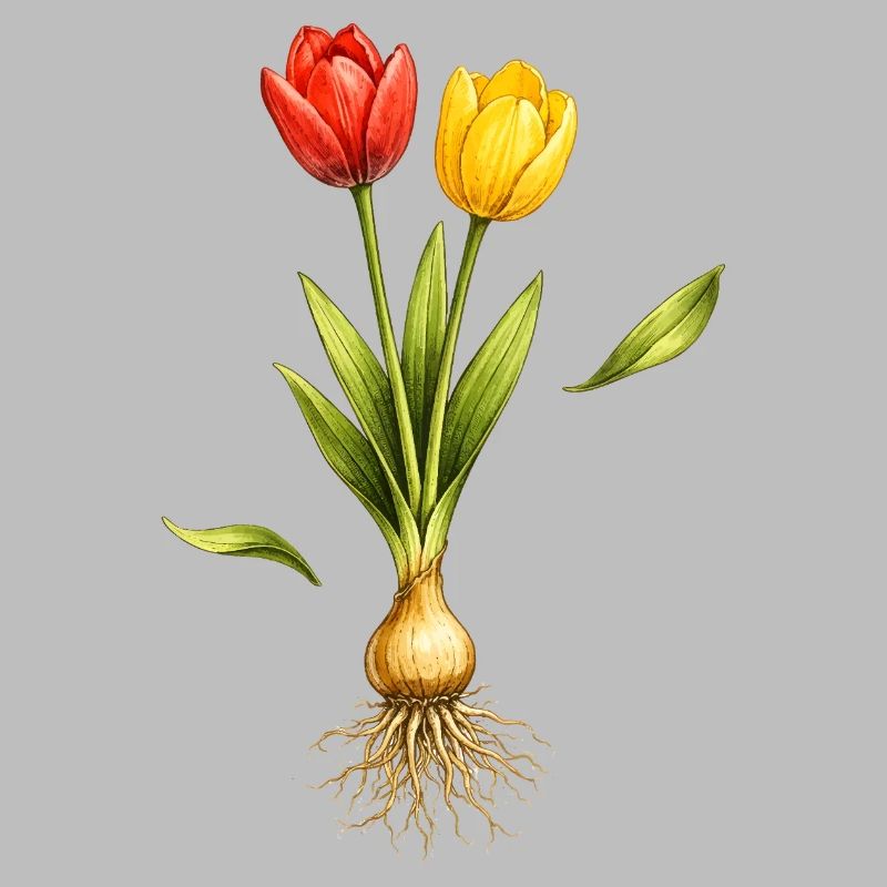 Two tulips with visible bulb and roots