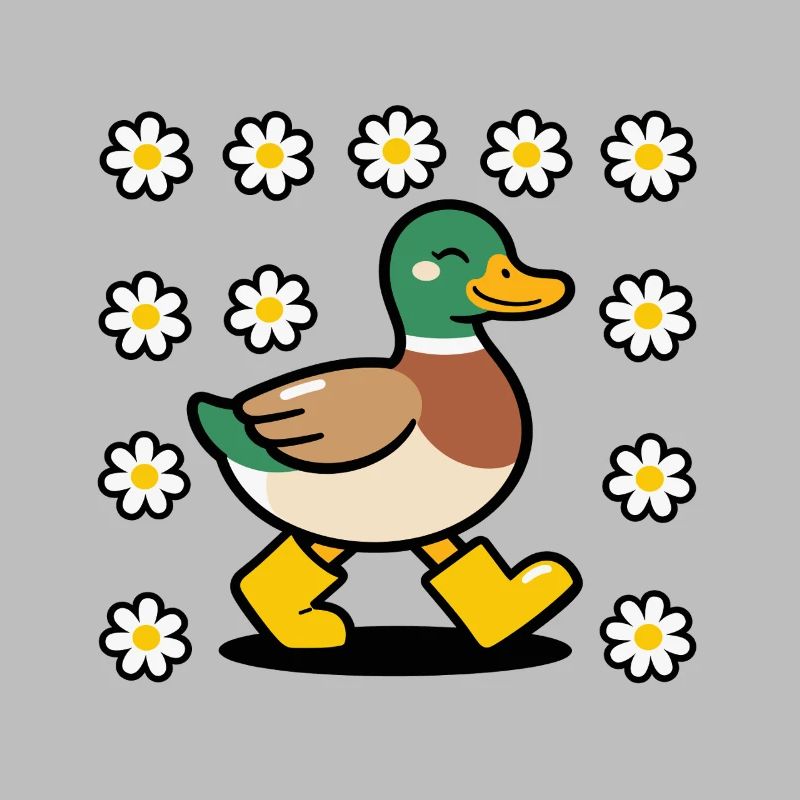 Cute Mallard Duck in Rain Boots Daisy Pattern