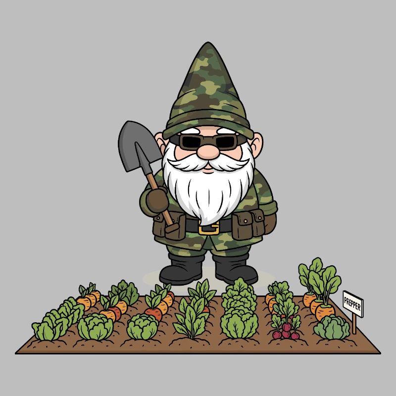 Prepper gnome in the vegetable patch