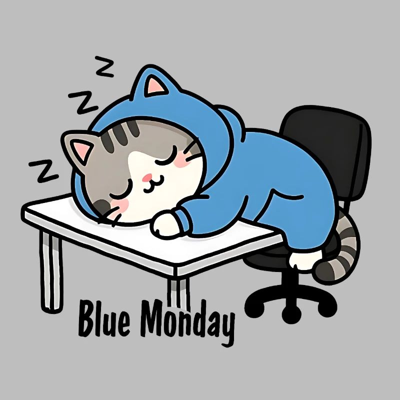 Sleeping cat at work, blue monday