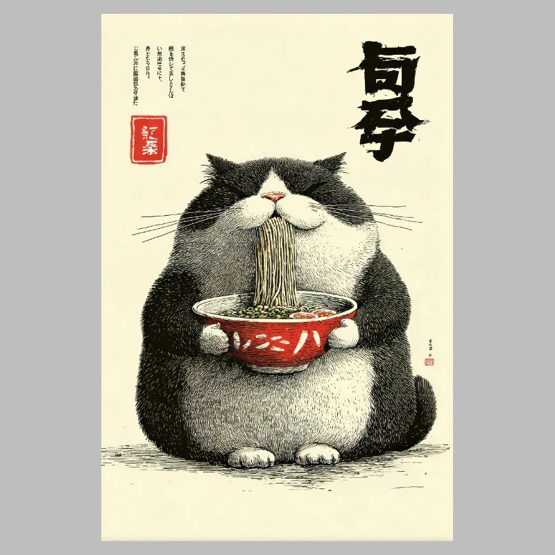 Neko Noodle Feast in Ukiyo-e Style