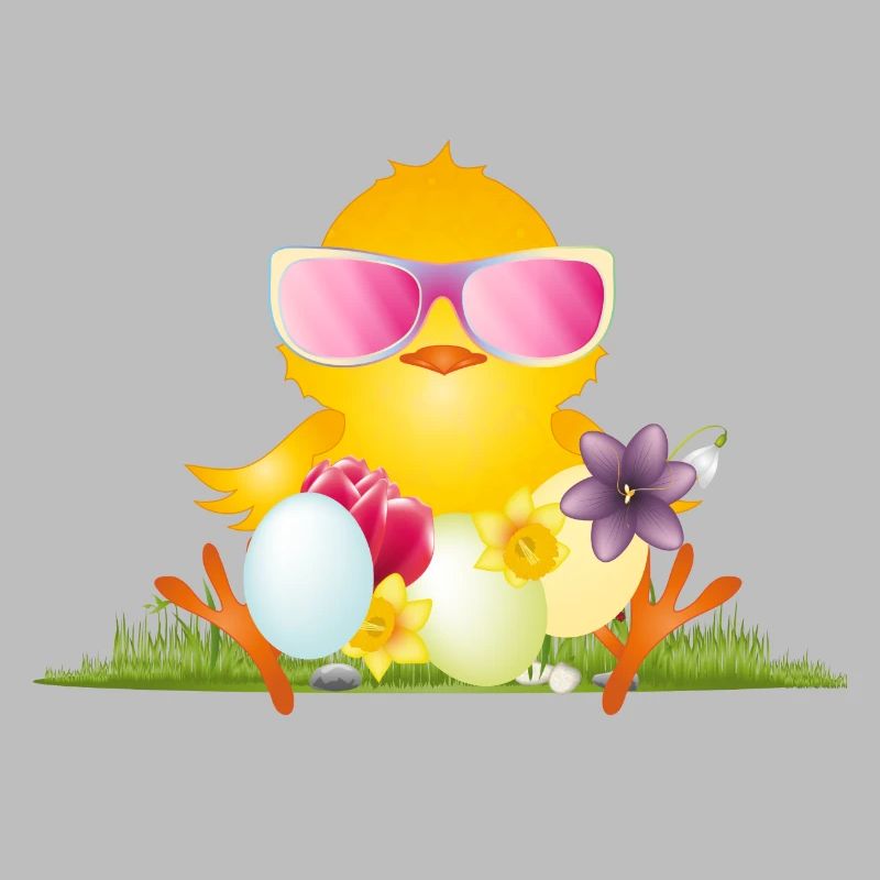 fluffy chick with Easter eggs and pink glasses