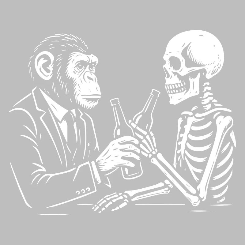 monkey and skeleton drinks beer in the pub.