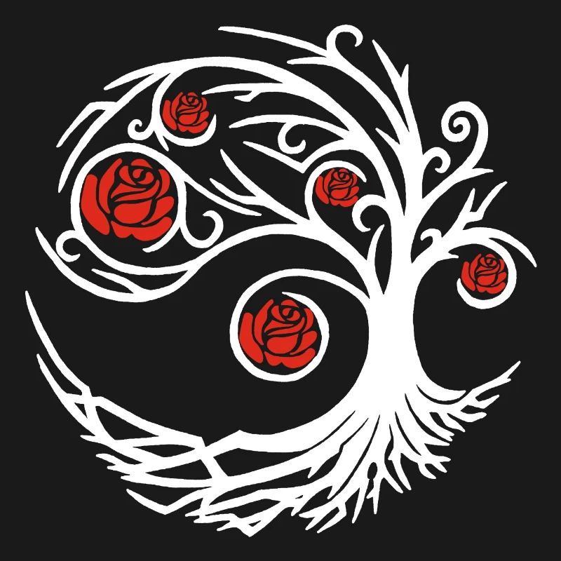 Stylized White Tree and Red Roses