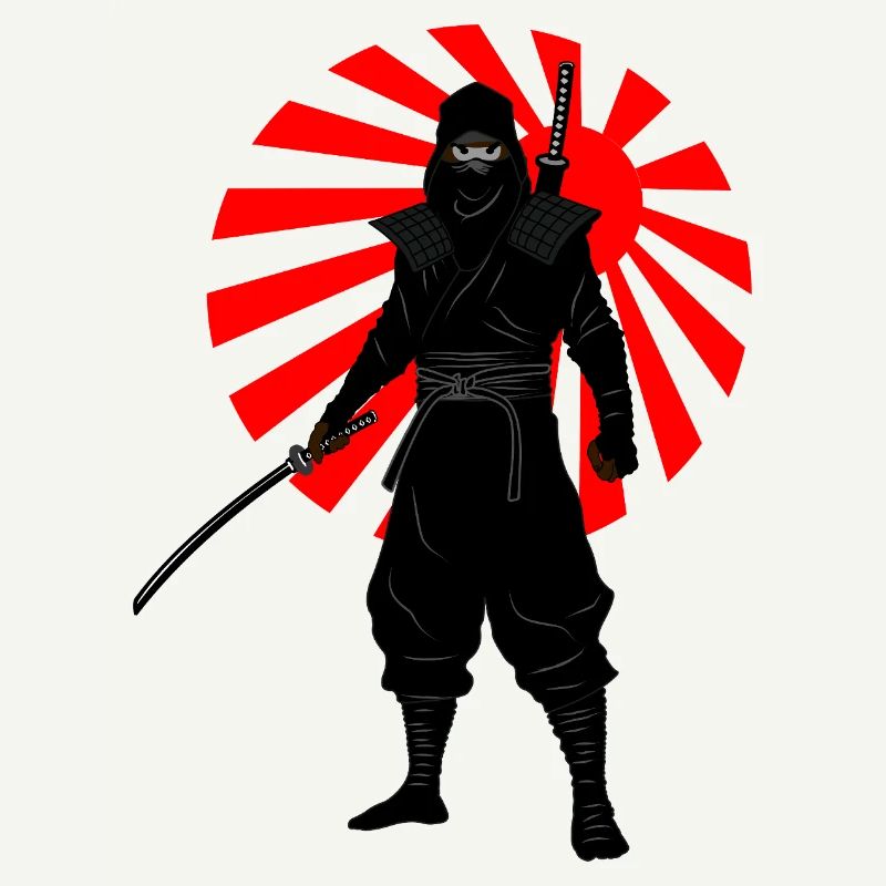 Position de combat ninja avec drapeau de bataille rouge